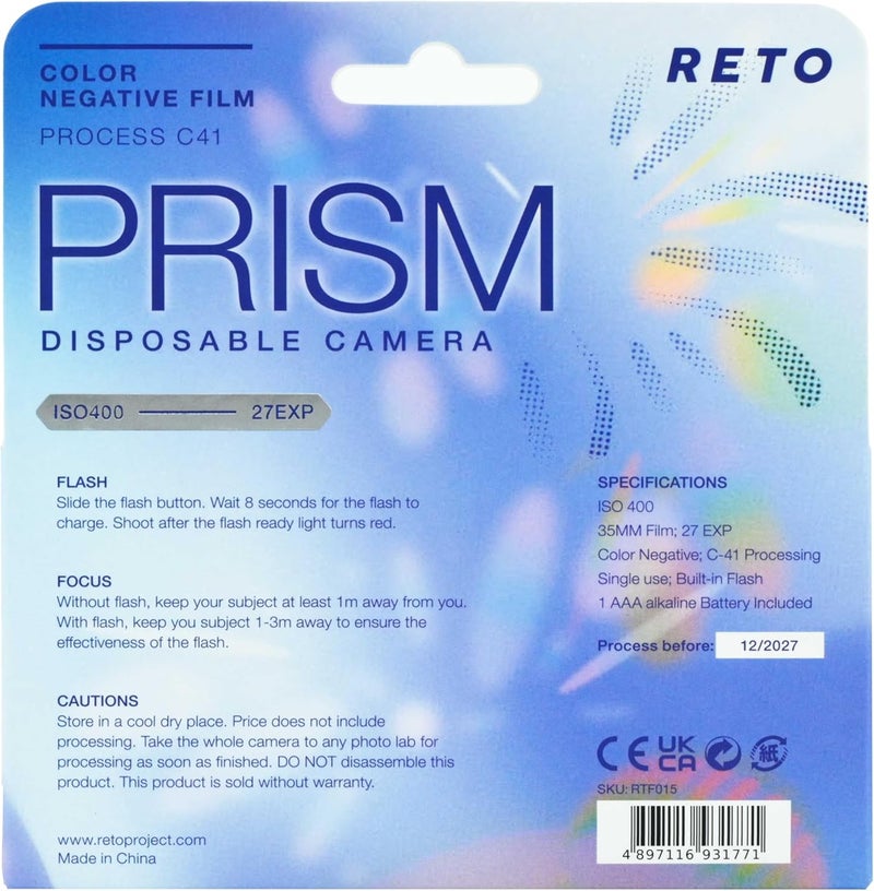 Retocolor Prism 400 35mm Disposable Film Camera 27EXP, ISO400, Color Negative Film, Focus Free, Easy to Use, Built in Flash, Single Use (Film and Battery Included) - Image 2